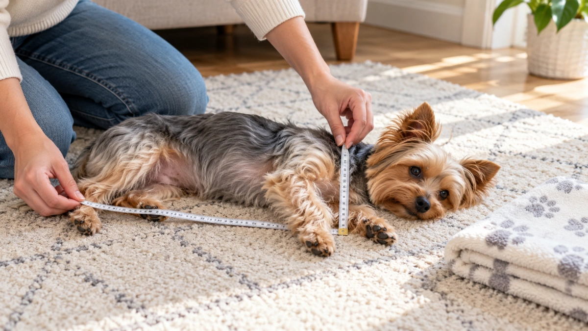 Owner measuring a small dog's resting area for a blanket