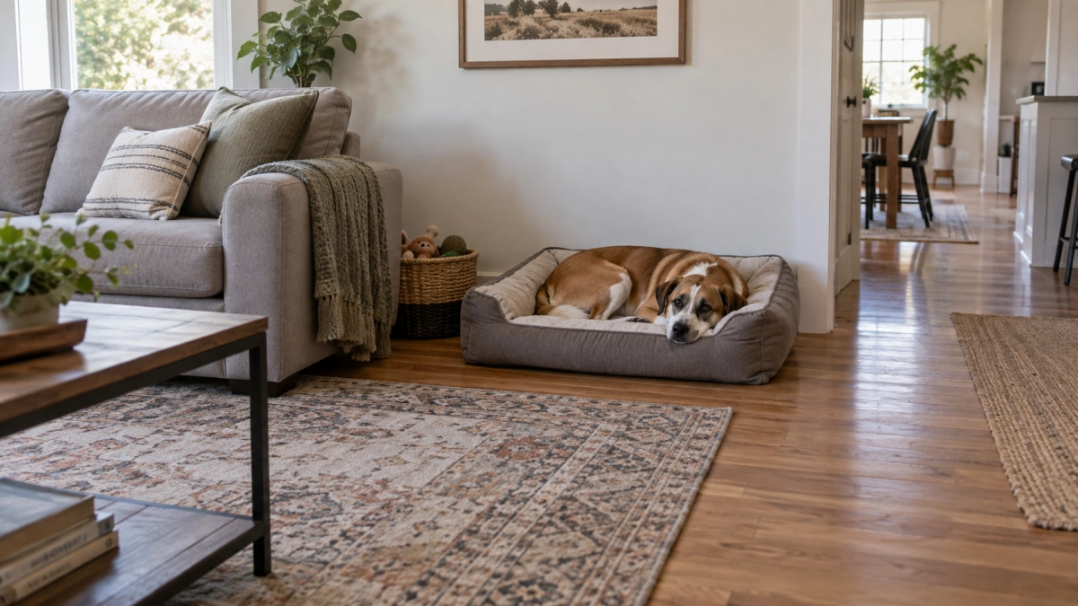 Medium dog bed showing realistic floor space in a living room