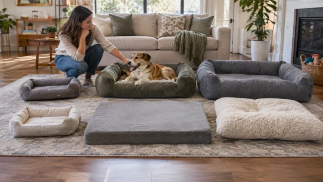 Owner comparing medium dog beds for sizing sleeping space and comfort