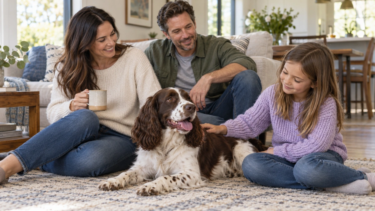 Medium sized dog relaxing with a family at home
