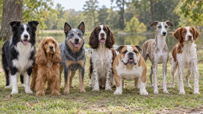 Several popular medium sized dog breeds standing together outdoors