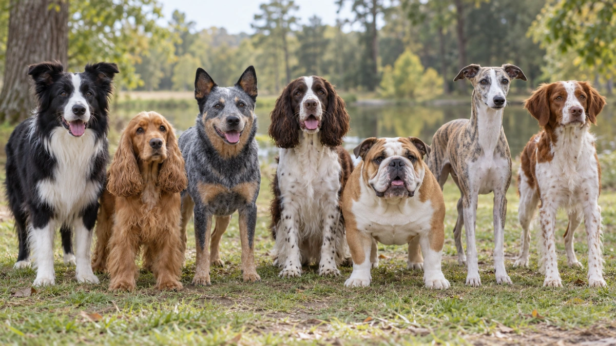 Several popular medium sized dog breeds standing together outdoors