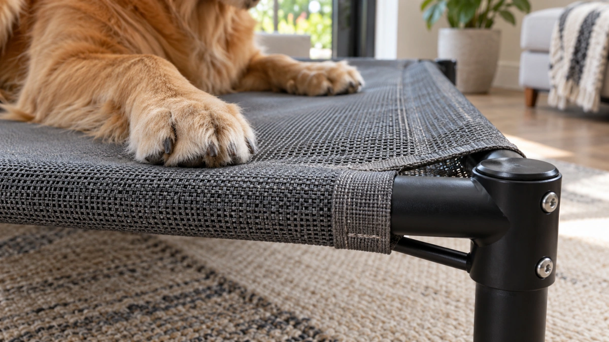 Breathable mesh platform on a raised dog bed
