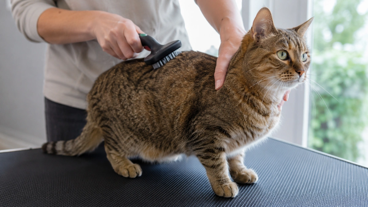 Owner using light supportive handling while gently brushing a relaxed cat