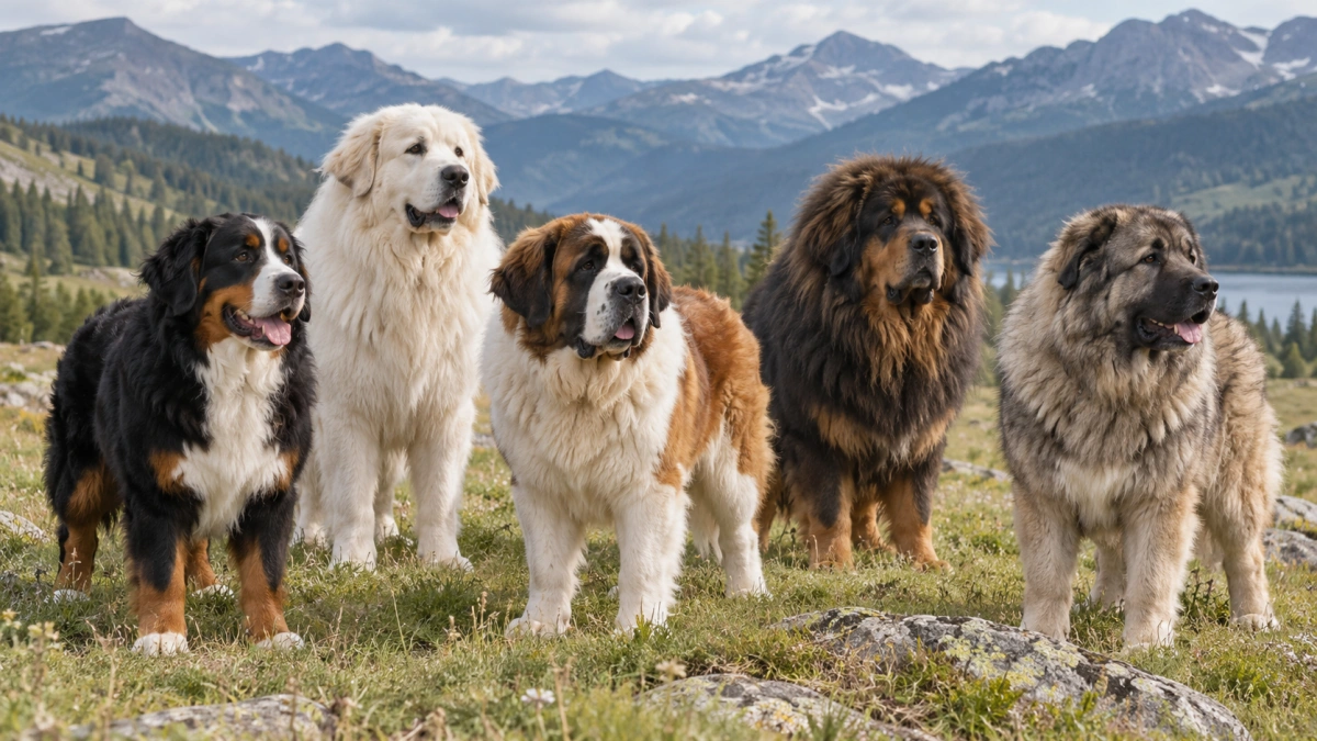Several large mountain dog breeds standing in a mountain landscape