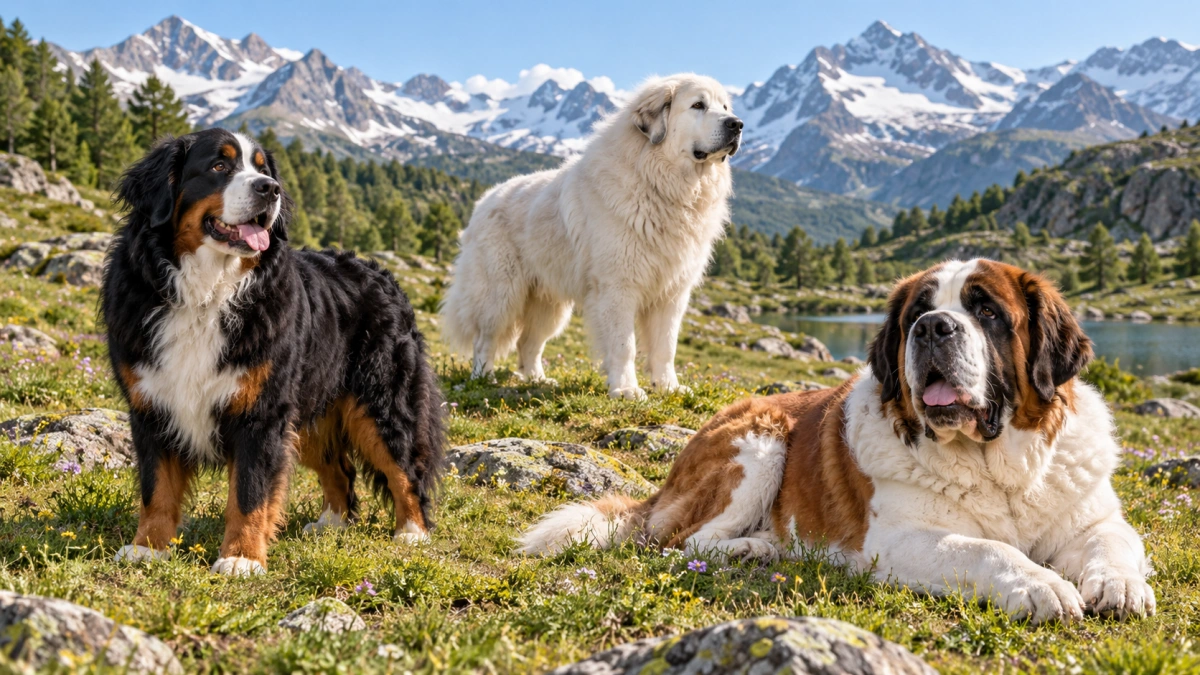 Different coat and body types among mountain working dog breeds