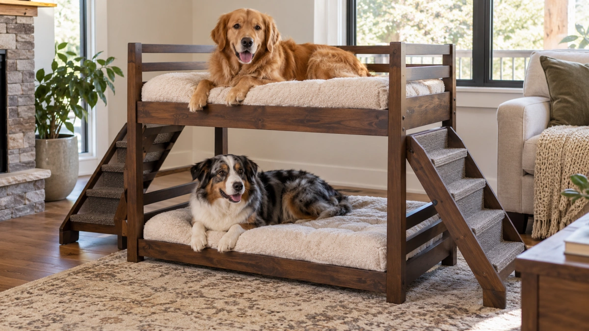 Two dogs choosing separate levels of a bunk bed in a multi dog home