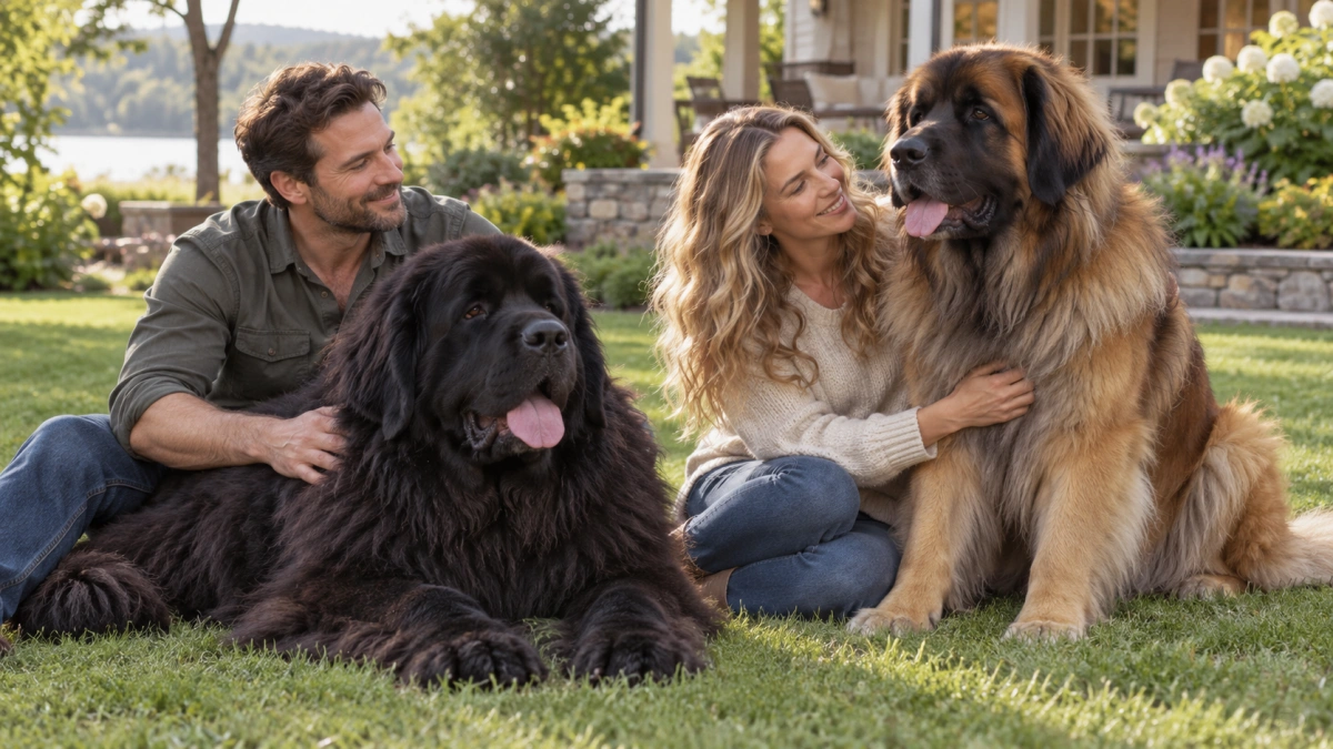 Newfoundland and Leonberger relaxing with owners outdoors