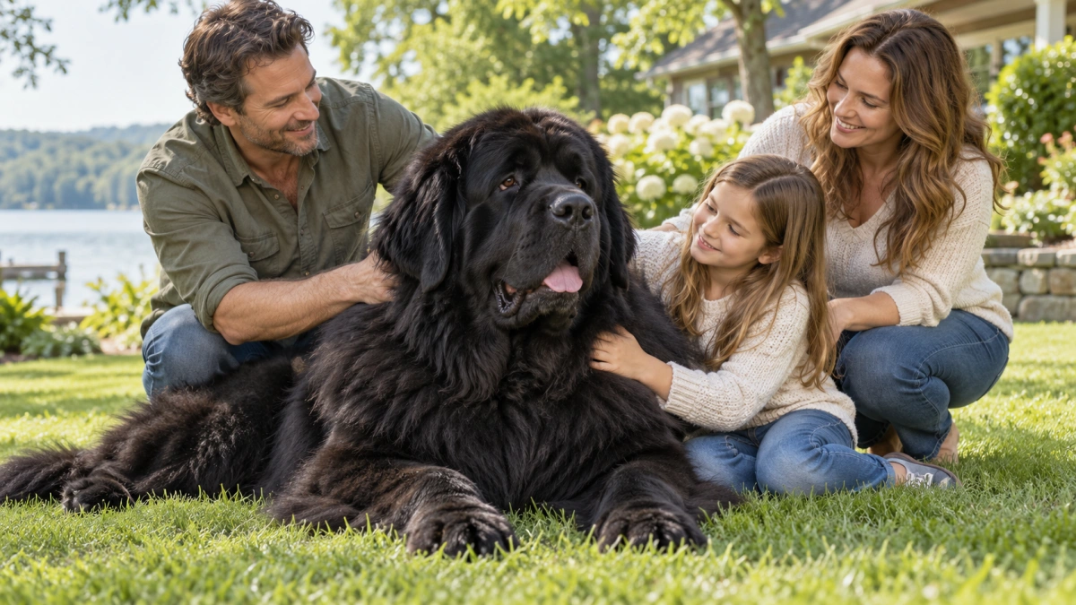 Large Newfoundland dog relaxing with a family outdoors