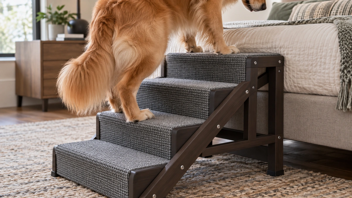 Non slip steps attached securely to a raised dog bed