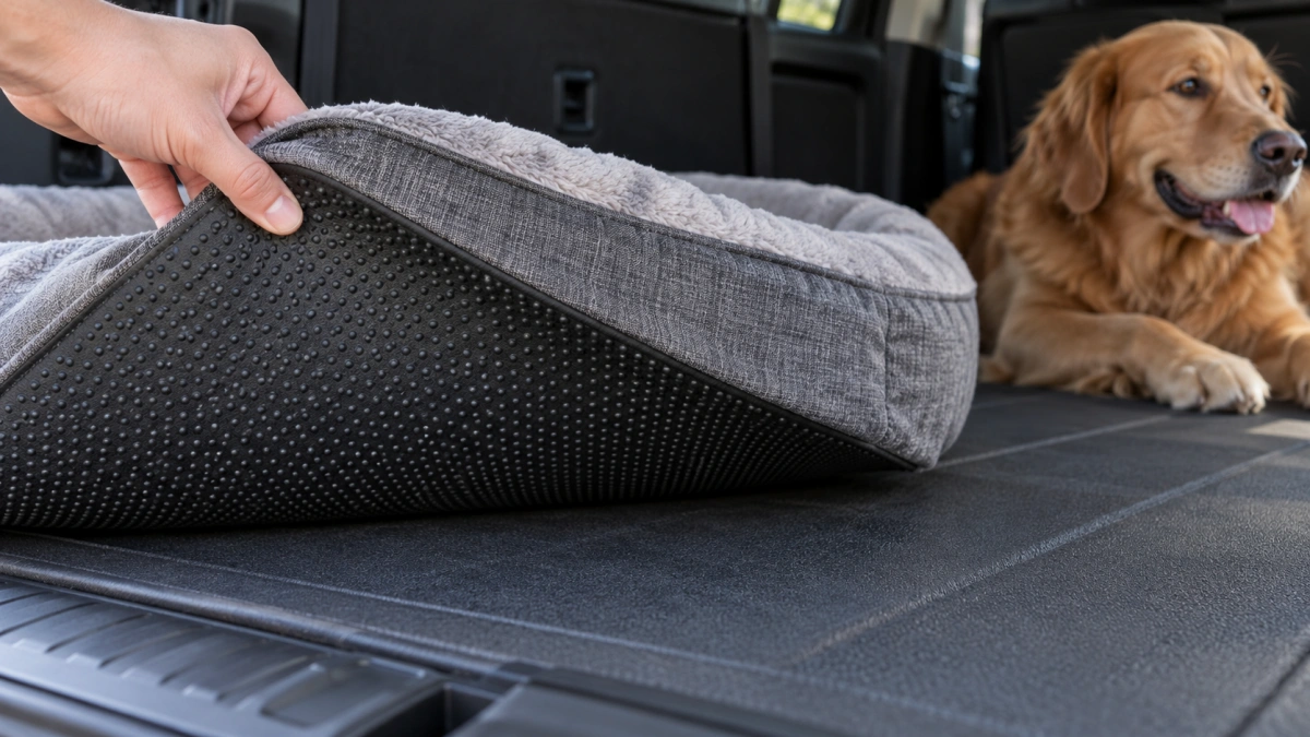 Non slip base underneath a dog bed in a vehicle