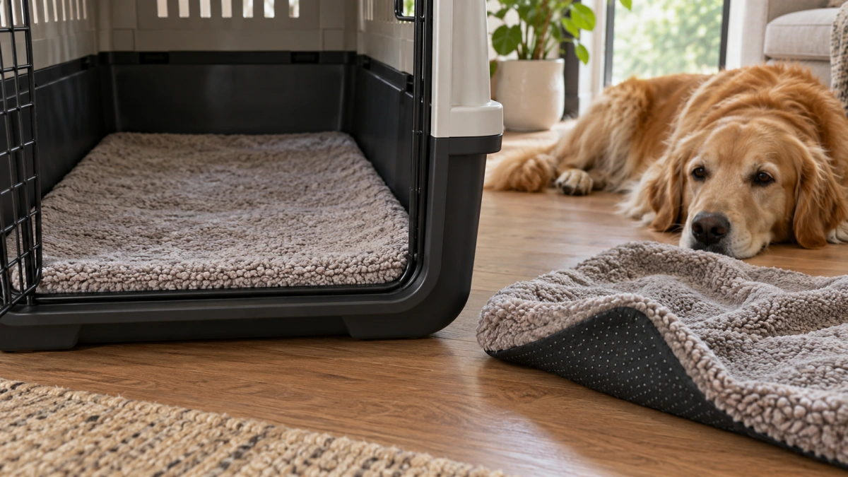Non-slip dog crate pad staying flat inside a wire crate