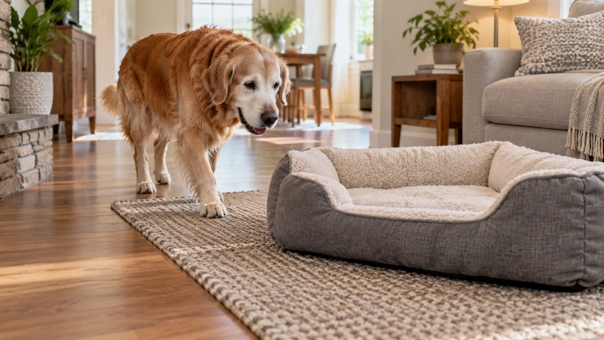 Senior dog bed placed on a non-slip floor setup