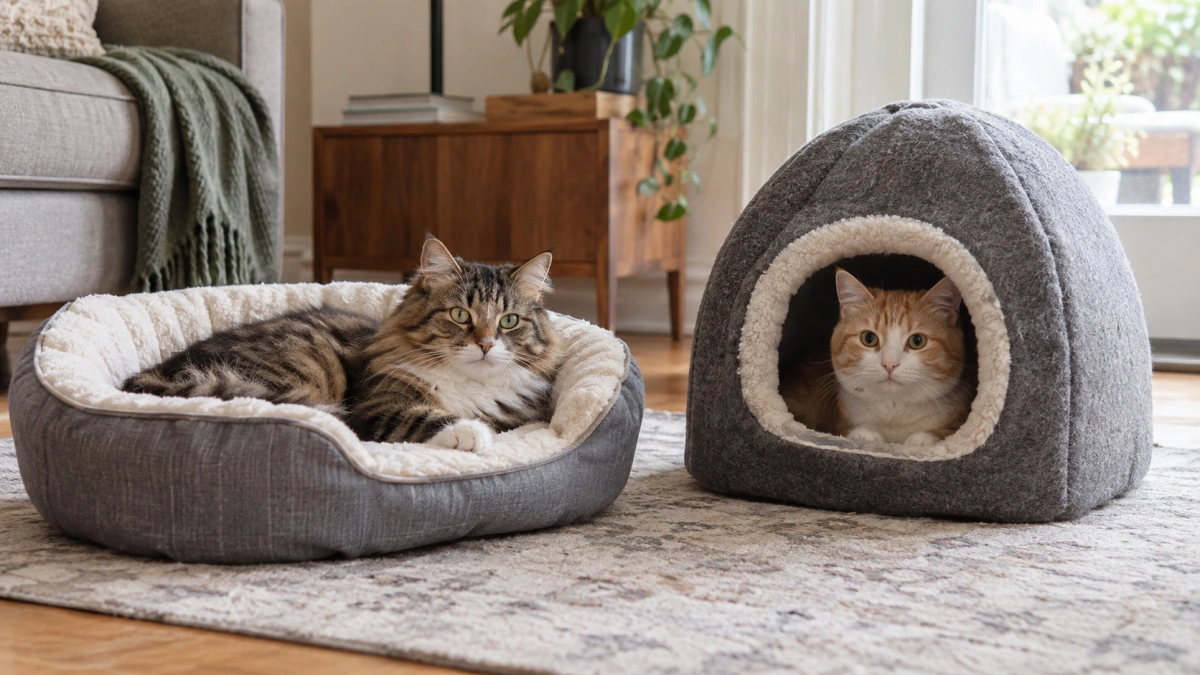 Open cat bed compared with a covered cave style cat bed