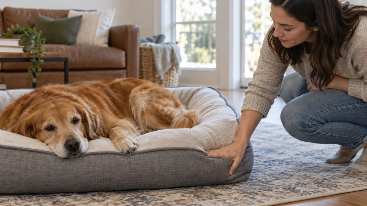 Owner checking whether an orthopedic dog bed bottoms out under a dog