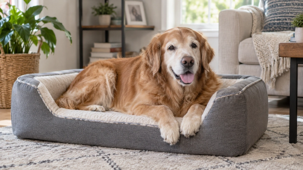 Senior dog using a low-entry supportive dog bed at home