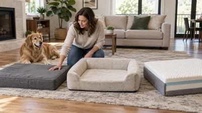 Owner comparing orthopedic dog beds for foam support and comfort