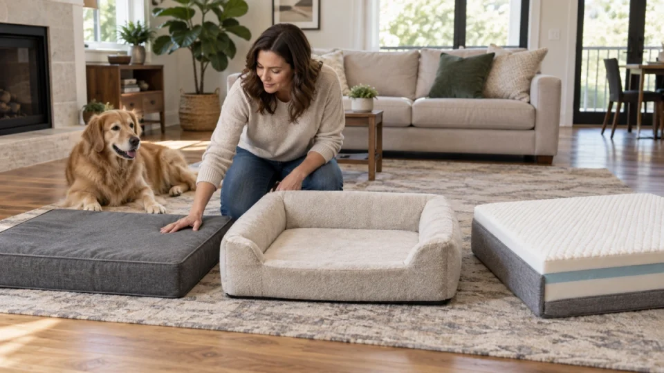 Owner comparing orthopedic dog beds for foam support and comfort