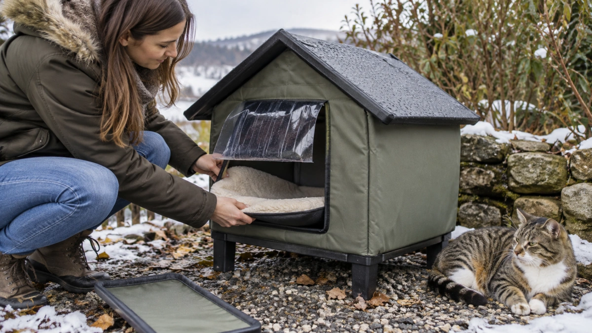 Outdoor cat bed buying checklist with weather and shelter features