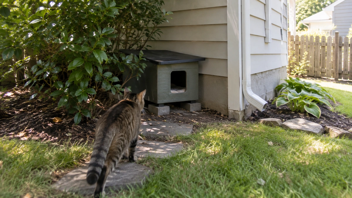 Outdoor cat shelter bed placed in a protected quiet location