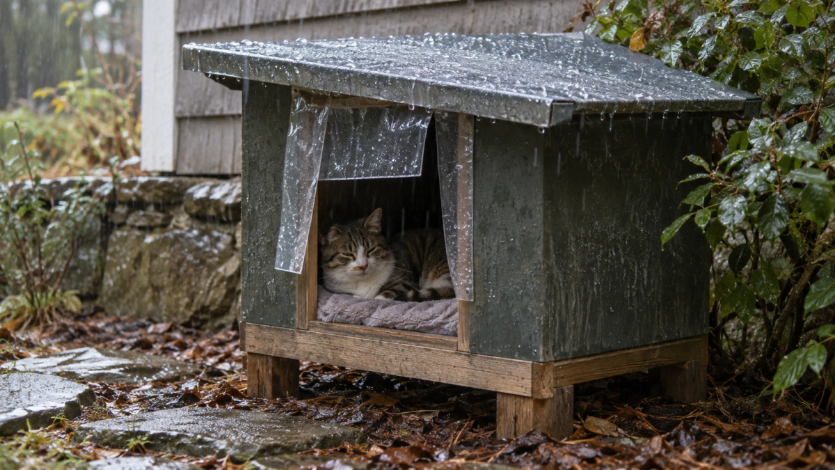 Outdoor cat bed with protection from rain and weather conditions