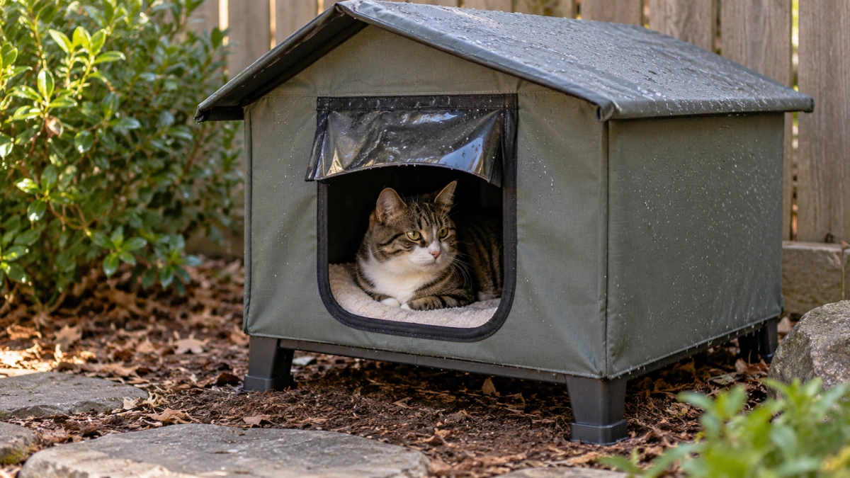Outdoor cat beds with weather protection and shelter features