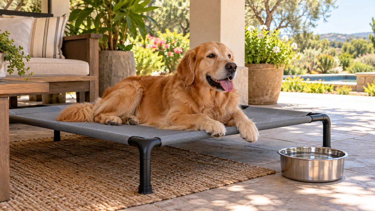 Cooling dog bed placed in shade with fresh water during summer