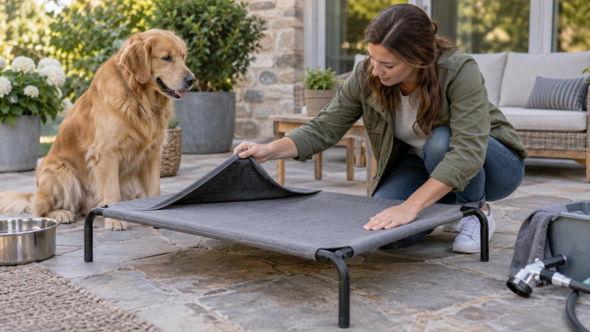 Owner checking outdoor dog bed features before buying