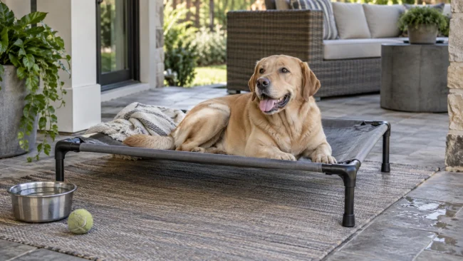 Dog resting on an outdoor dog bed designed for weather conditions
