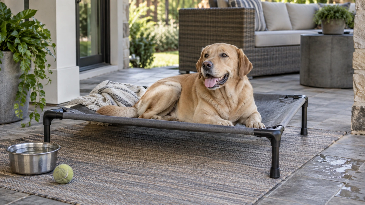 Dog resting on an outdoor dog bed designed for weather conditions