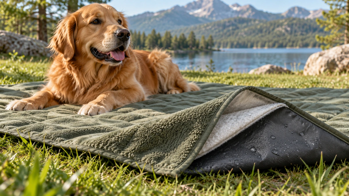 Layered outdoor dog blanket with soft top and waterproof bottom