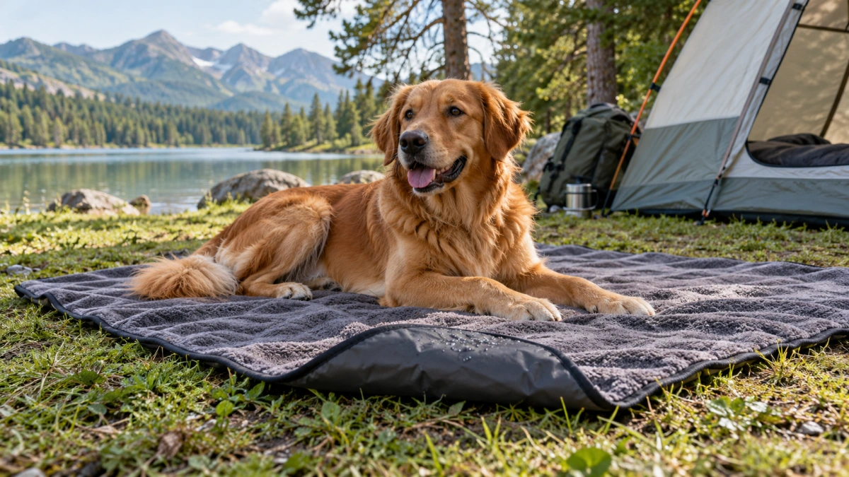Dog resting on a weather ready outdoor blanket at a campsite