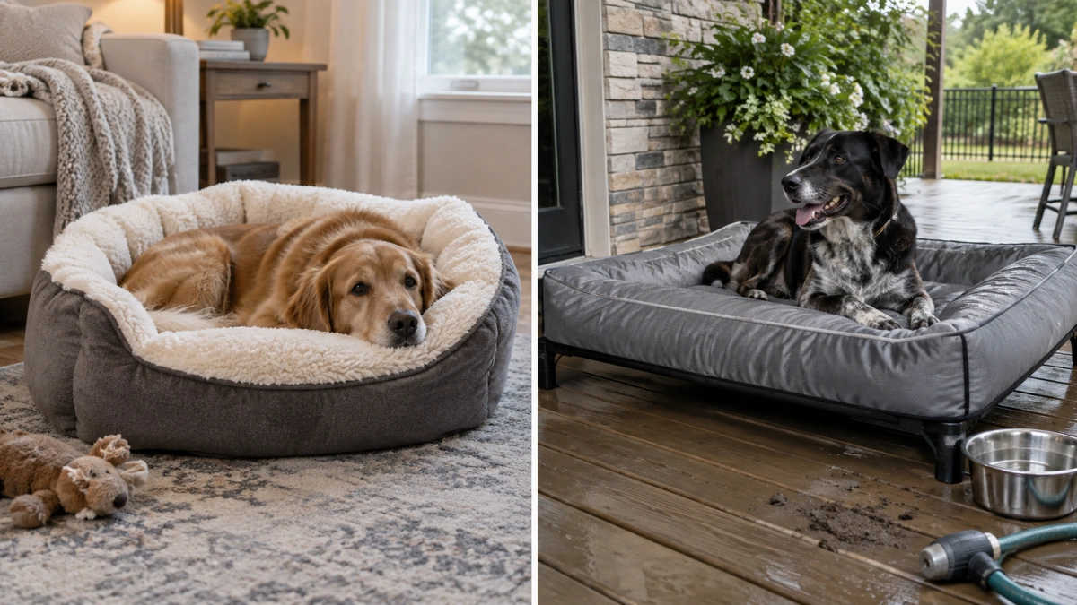 Outdoor dog bed compared with an indoor dog bed
