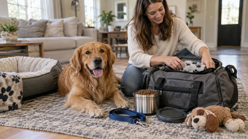 Dog owner preparing overnight care arrangements for a dog before a trip