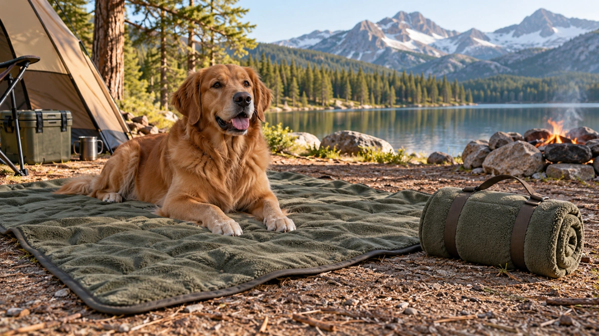Outdoor dog blanket folded into a compact portable travel bundle