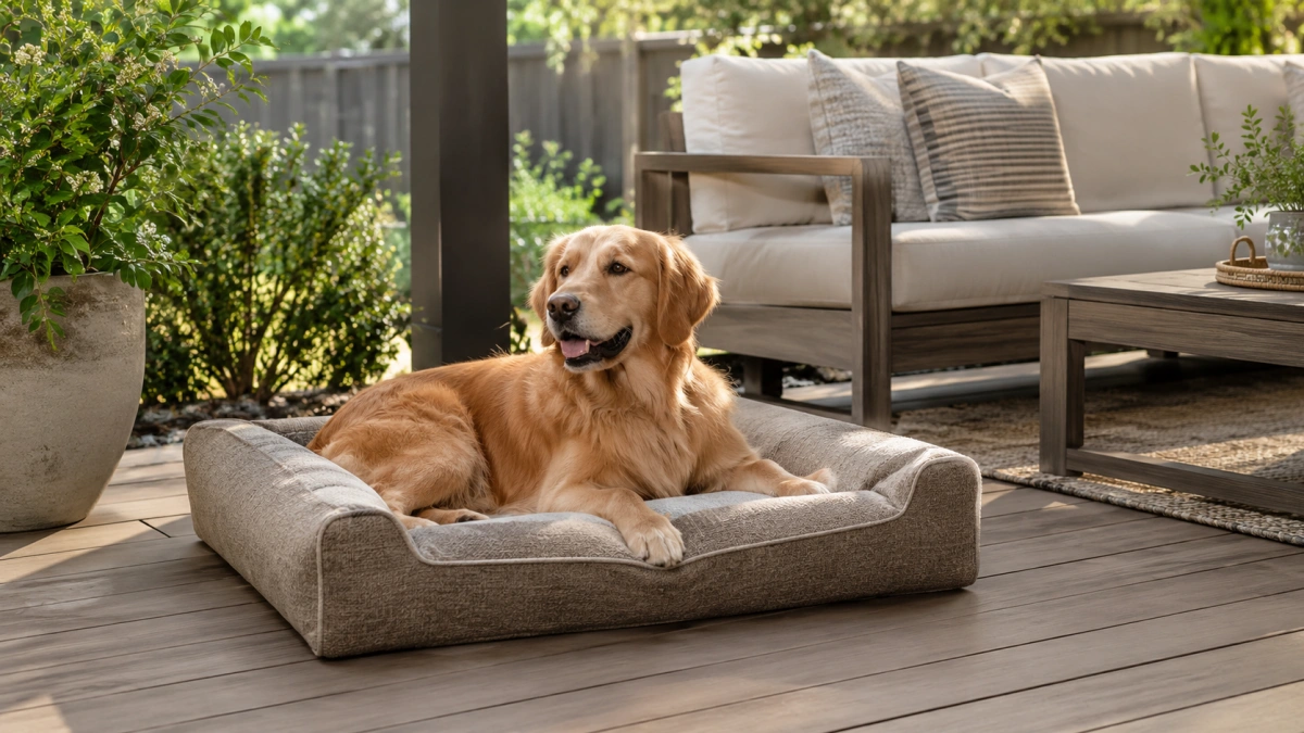 Outdoor dog bed used on patio deck and outdoor living area