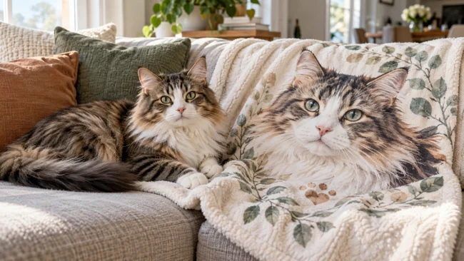 Personalized cat blanket featuring a custom pet portrait and name