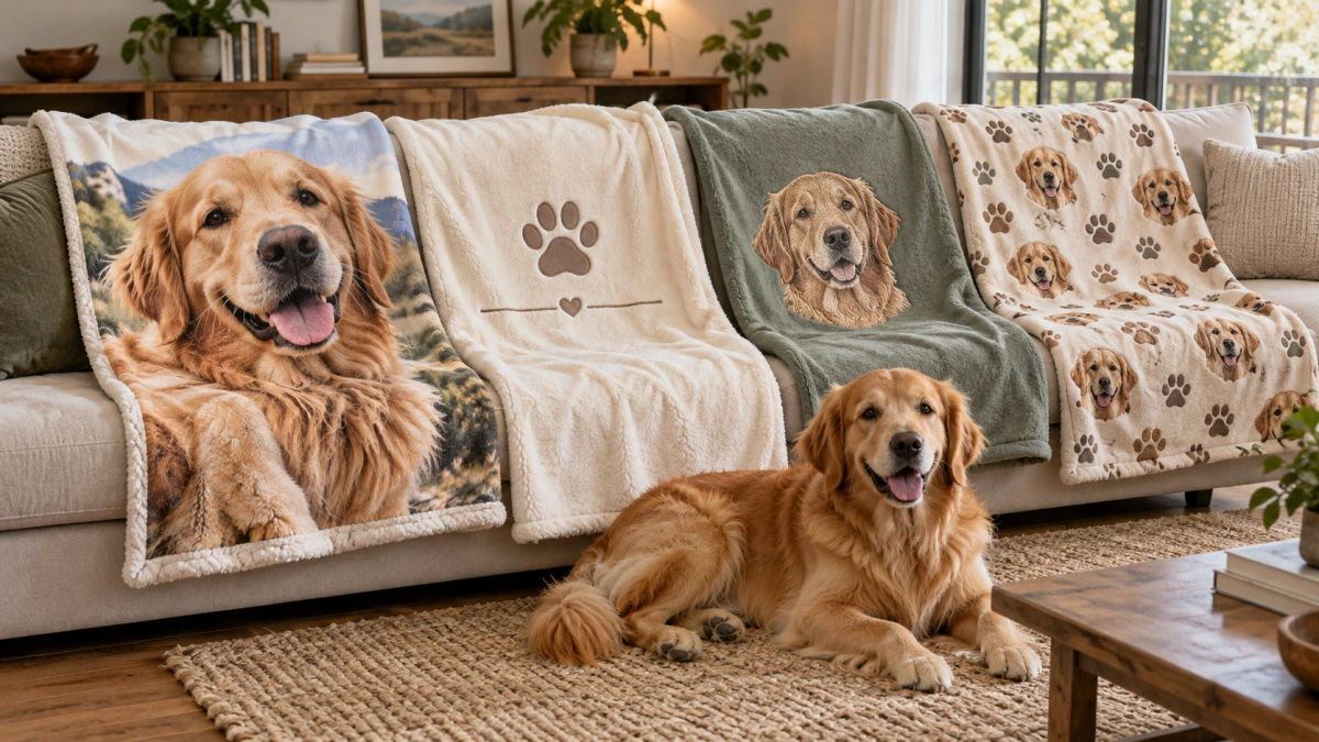 Different personalized dog blanket styles with photo name and embroidery