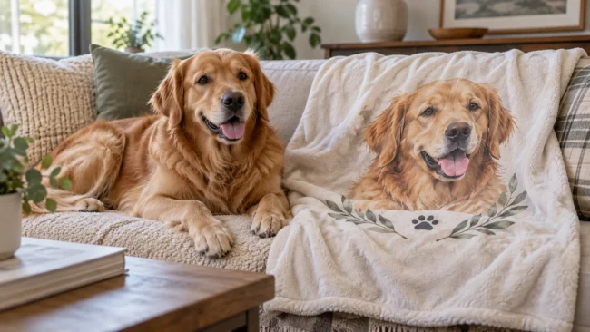 Personalized dog blanket featuring a pet photo and name design