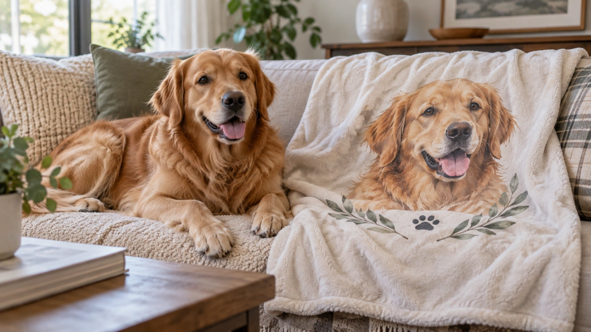 Personalized dog blanket featuring a pet photo and name design