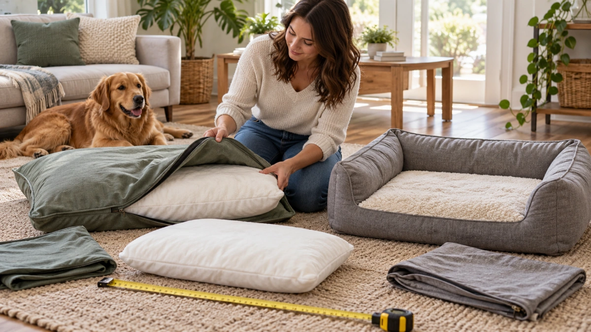 Owner checking pillow and bolster dog bed size and construction