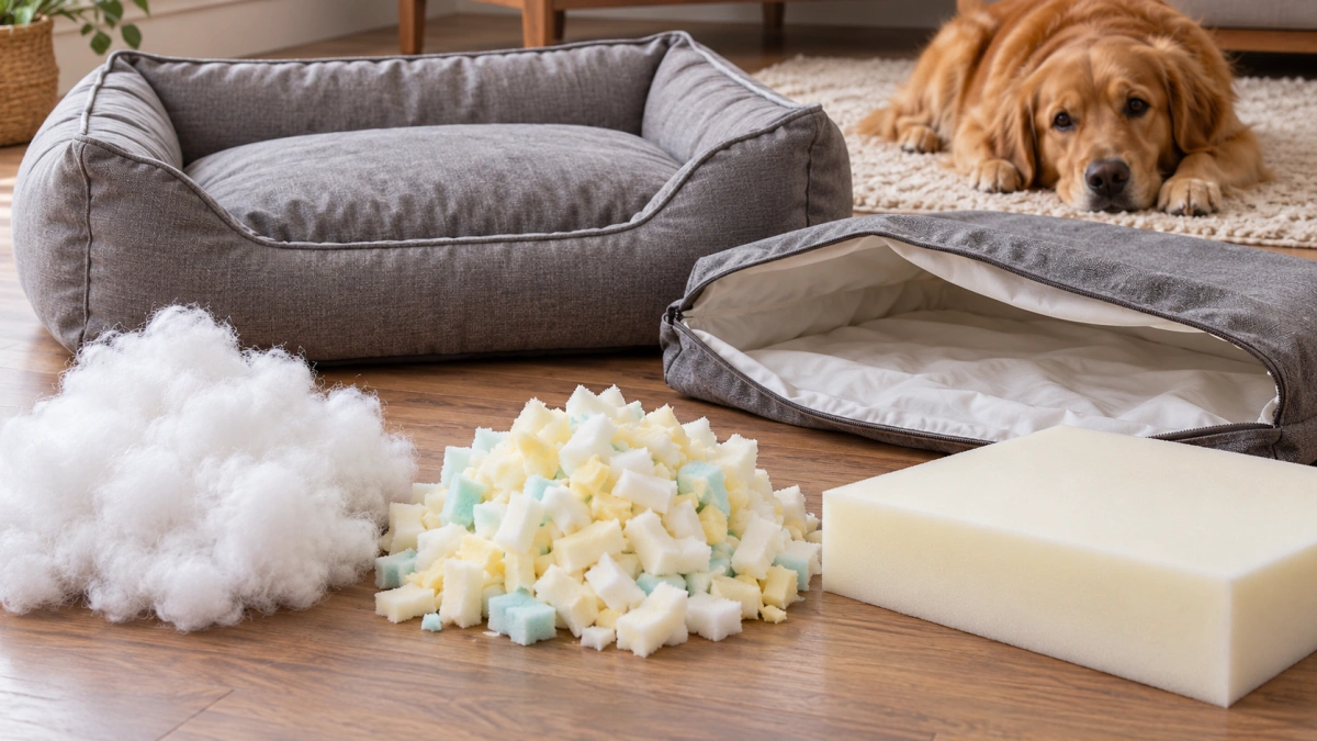 Different filling materials used inside pillow dog beds