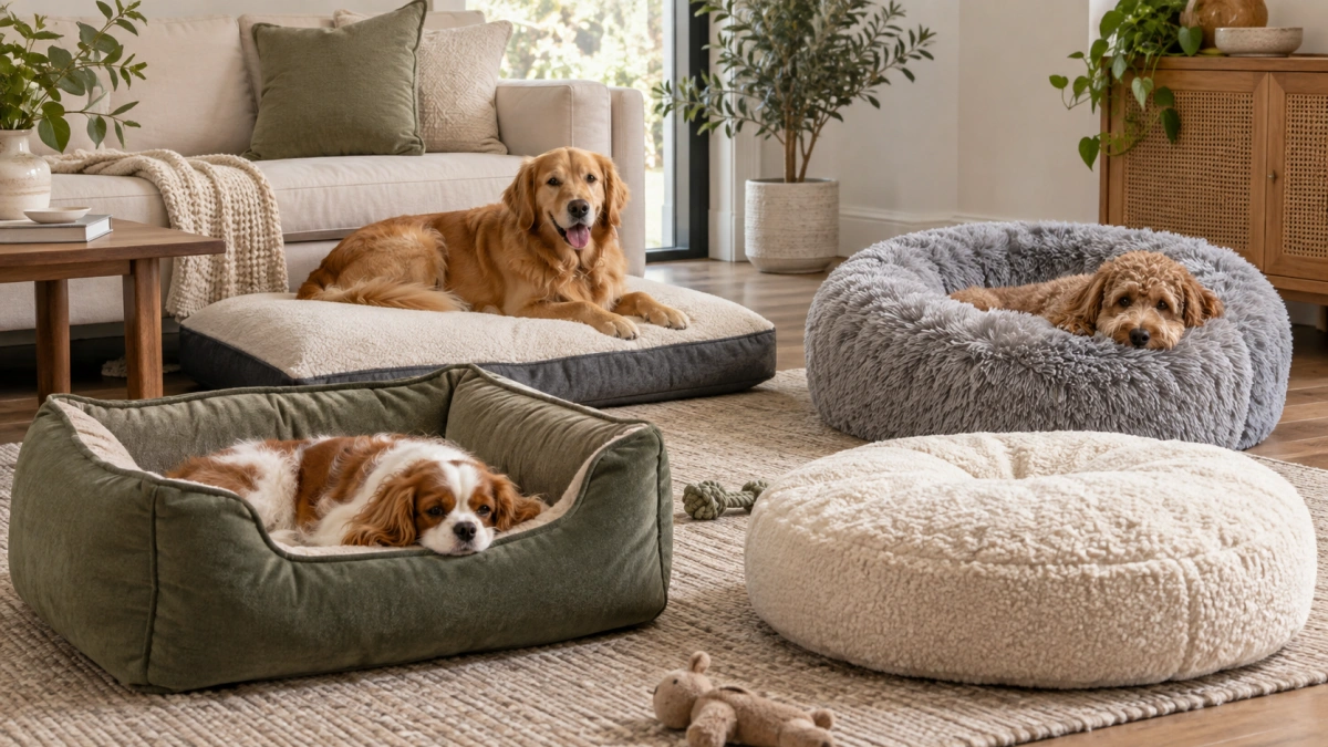 Different types of plush dog beds including donut and pillow styles