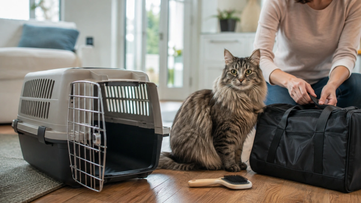 Relaxed cat beside a secure carrier before leaving for a professional grooming appointment