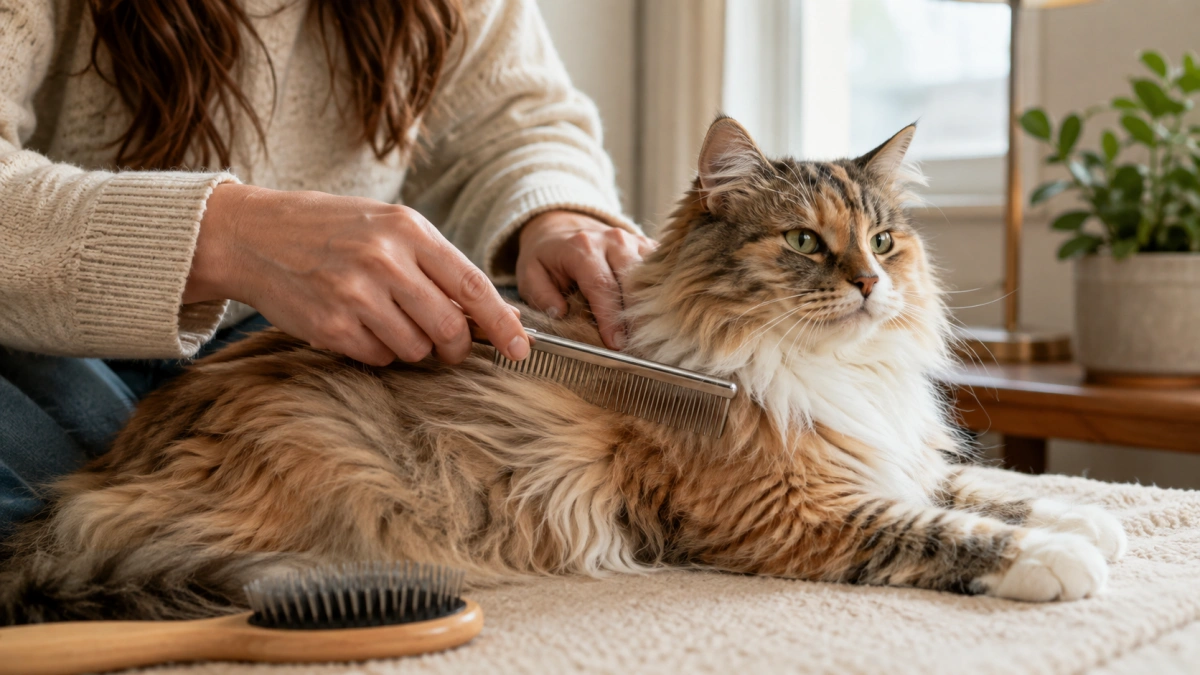 Owner routinely combing a long-haired cat to prevent future mats