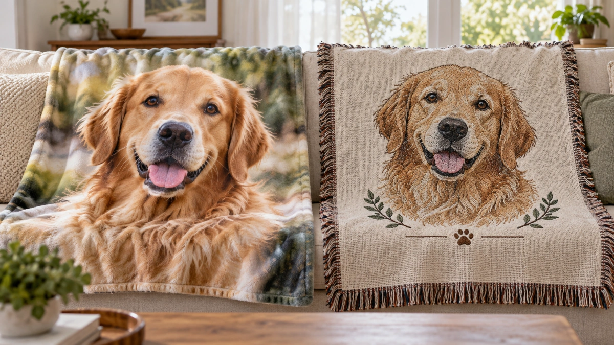 Printed photo and embroidered personalized dog blankets compared