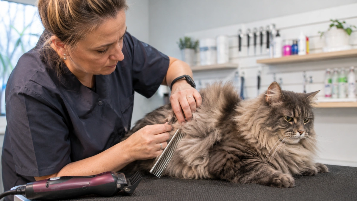 Professional feline groomer carefully assessing a small matted area in a long-haired cat coat
