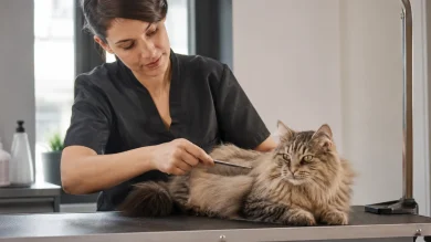 Experienced feline groomer calmly brushing a relaxed long-haired cat in a professional grooming salon