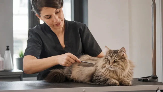 Experienced feline groomer calmly brushing a relaxed long-haired cat in a professional grooming salon