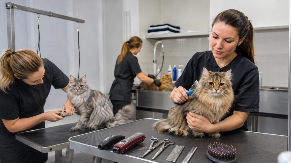 Professional feline grooming tools and services including brushing bathing nail trimming and coat trimming